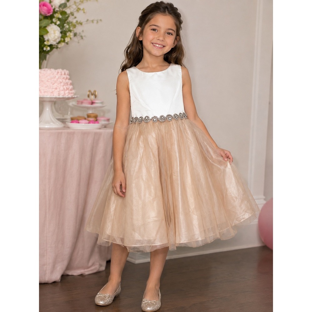 Petite Adele Abigail Dress Champagne Tulle Satin Flower Girl Wedding 10 NEW